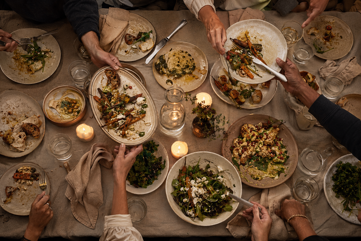 Shared plates across a dinner table