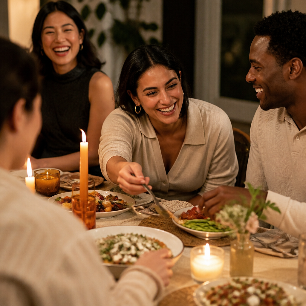 Dinner guests sharing a laugh over food